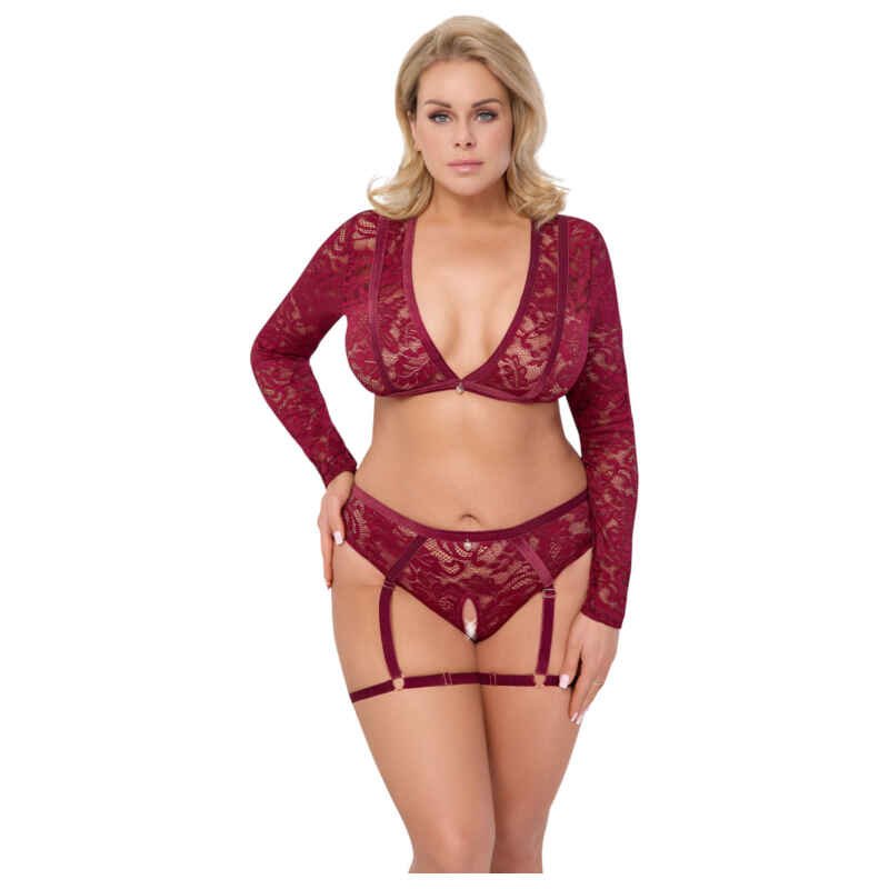 Cottelli Curves - čipkovaná súprava s dlhým rukávom (červená)