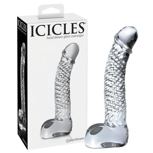 Icicles No. 61 - sklenené dildo s mieškami a penisom (priehľadné)