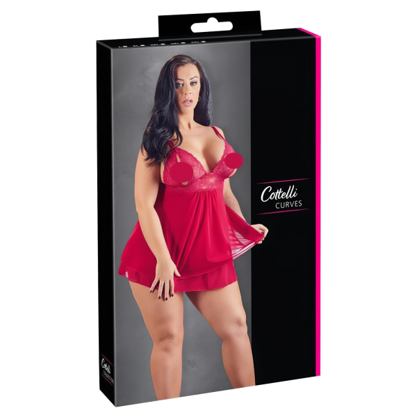 Cottelli Plus Size - erotická babydoll košieľka - čipkovaná - červená - 3XL