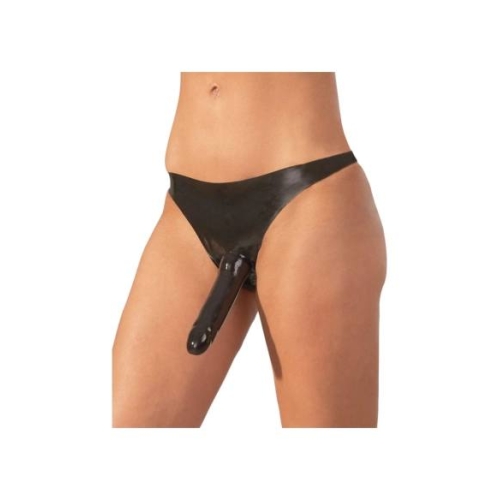 LATEX - latexové nohavičky s vonkajším dildom - čierne (S-L)