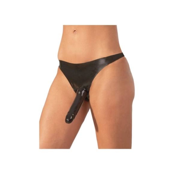 LATEX - latexové nohavičky s vonkajším dildom - čierne (S-L)