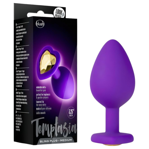 Temptasia M - análny dildo srdce so zlatým kameňom - fialový - stredný