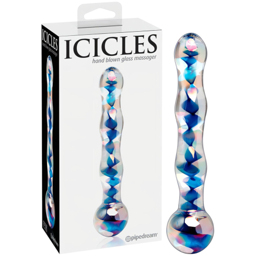 Icicles No. 08 - dvojitý sklenený dildo - vlnitý tvar - číro-modrý