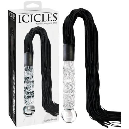 Icicles No. 38 - bič z kože a sklenené dildo - číre/čierne