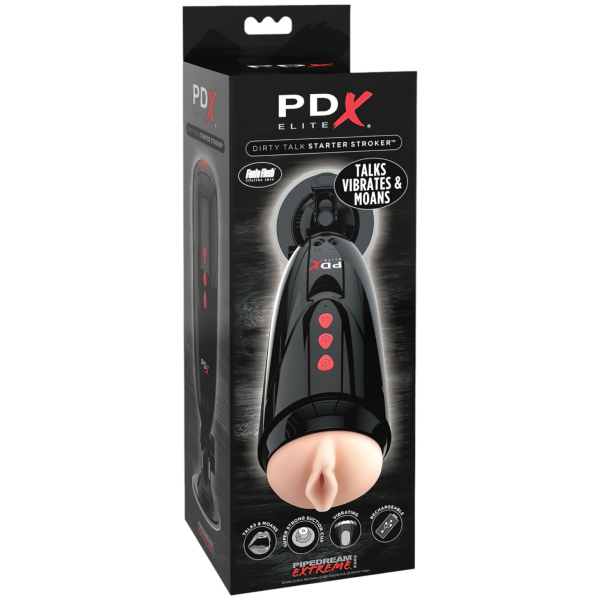 PDX Elite Dirty Talk - vibrujúci umelý vaginálny masturbátor (čierny)